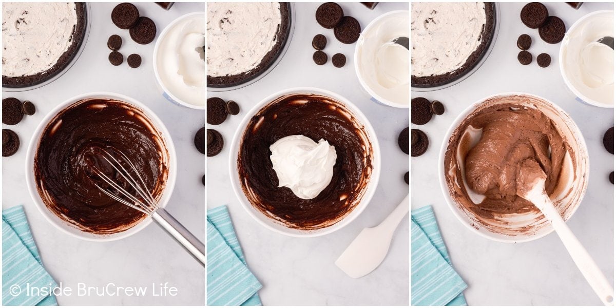 Three pictures collaged together showing how to make chocolate pudding.