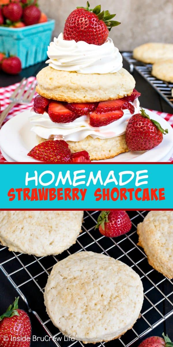 Homemade Strawberry Shortcake - layers of sweet biscuits, fresh strawberries and whipped cream is a delicious classic dessert that everyone loves any time of year. Make this easy recipe for any party or event! #strawberry #shortcake #homemade #biscuits #summerdessert #recipe 