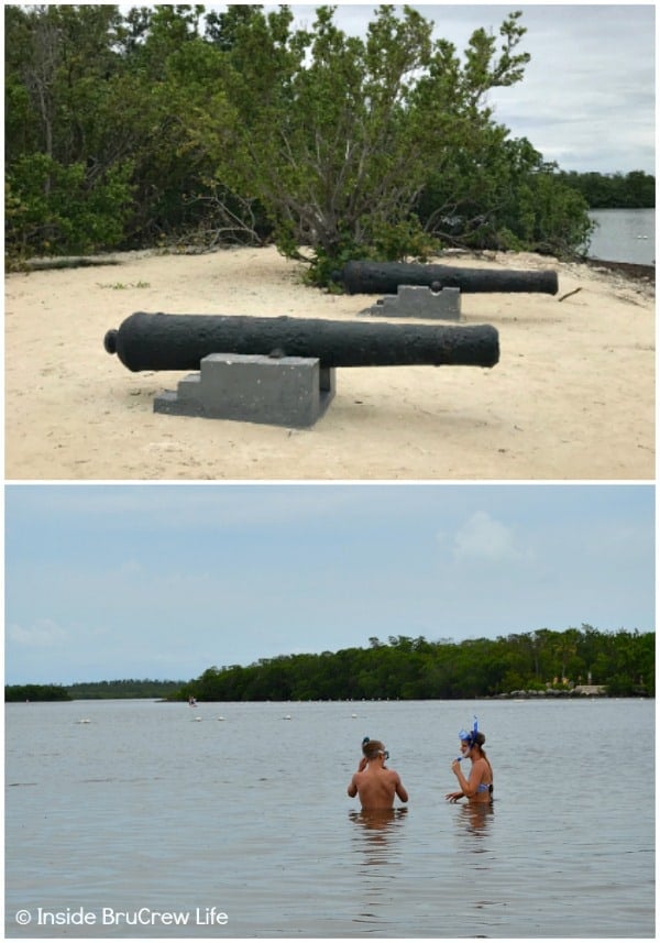 Two pictures of cannons and snorkelers collaged together.