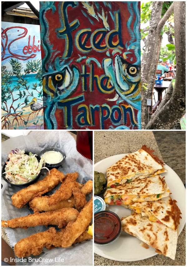 Pictures of the sign at the Hungry Tarpon Restaurant at Robbie's Marina in Islamadora and food.