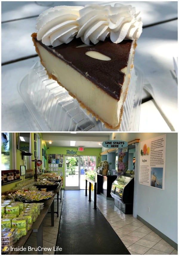 Pictures of a slice of pie from the Blond Giraffe Key Lime Pie Factory. 