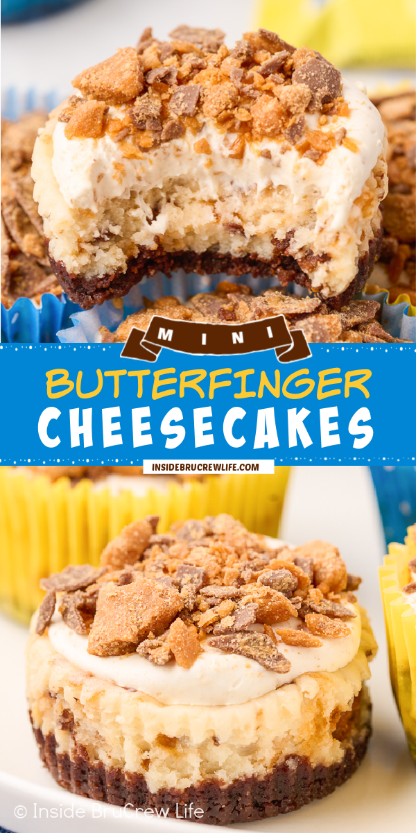Two pictures of Butterfinger Cheesecake collaged together with a blue text box.