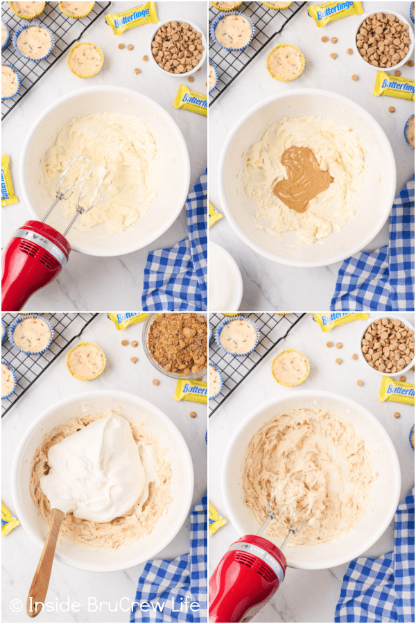 Four pictures collaged together showing how to make peanut butter mousse.