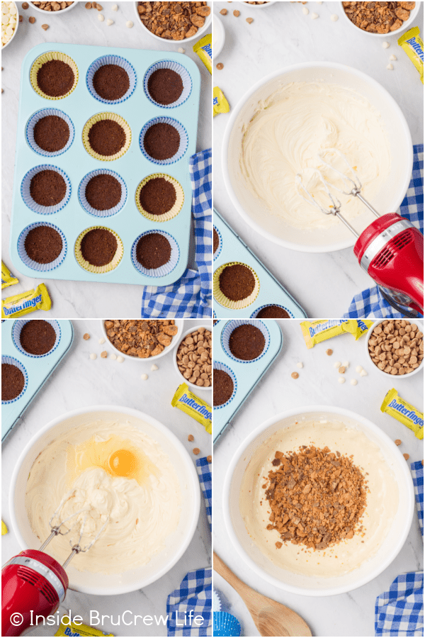 Four pictures collaged together showing how to make Butterfinger cheesecake batter.
