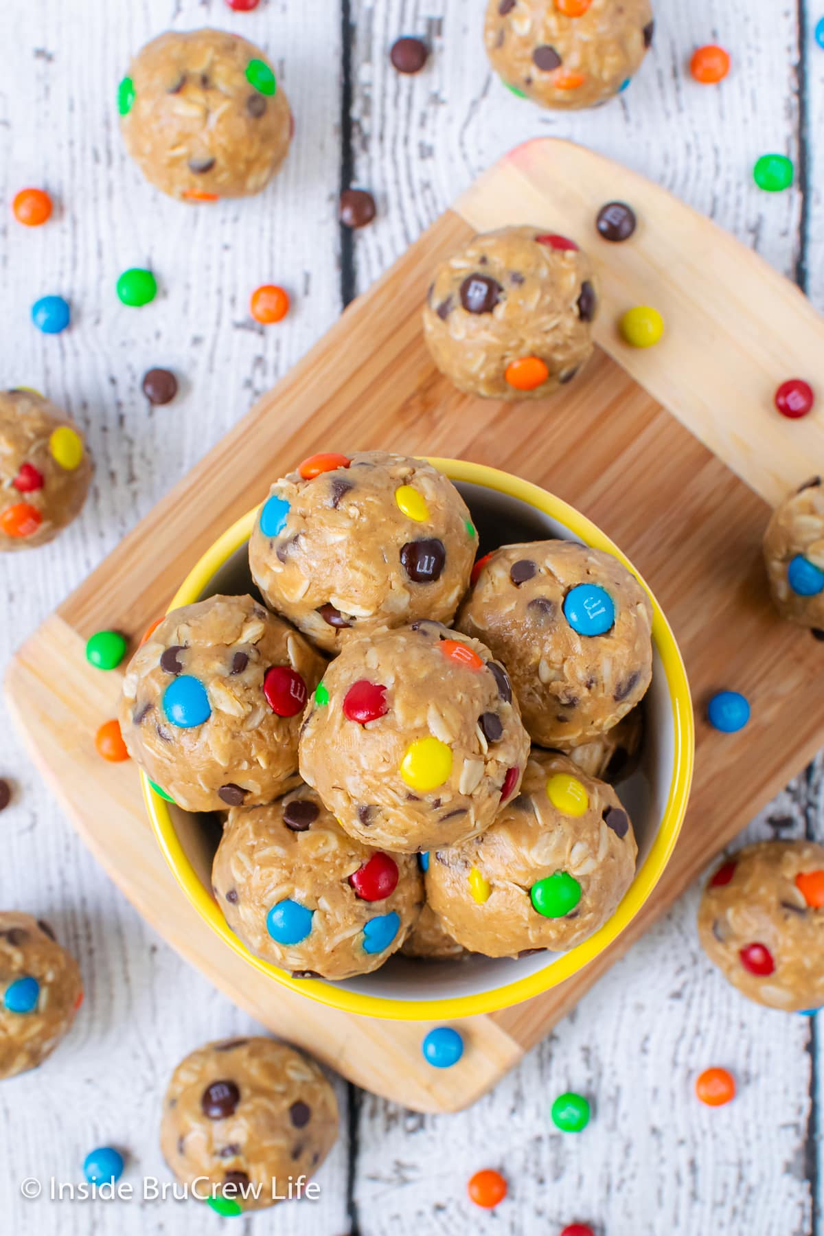 A bowl of cookie dough bites.