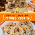 Two pictures of peanut butter cookies collaged together with an orange text box.