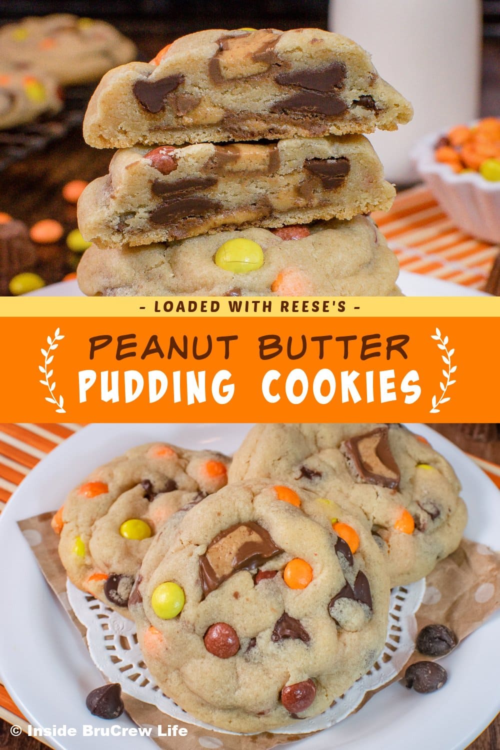 Two pictures of peanut butter cookies collaged together with an orange text box.