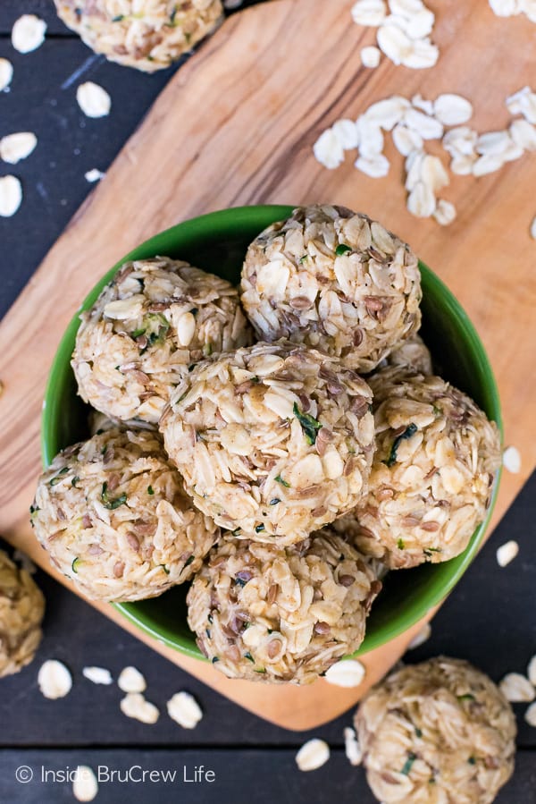 Overhead picture of a bowl of spiced zucchini oatmeal bites