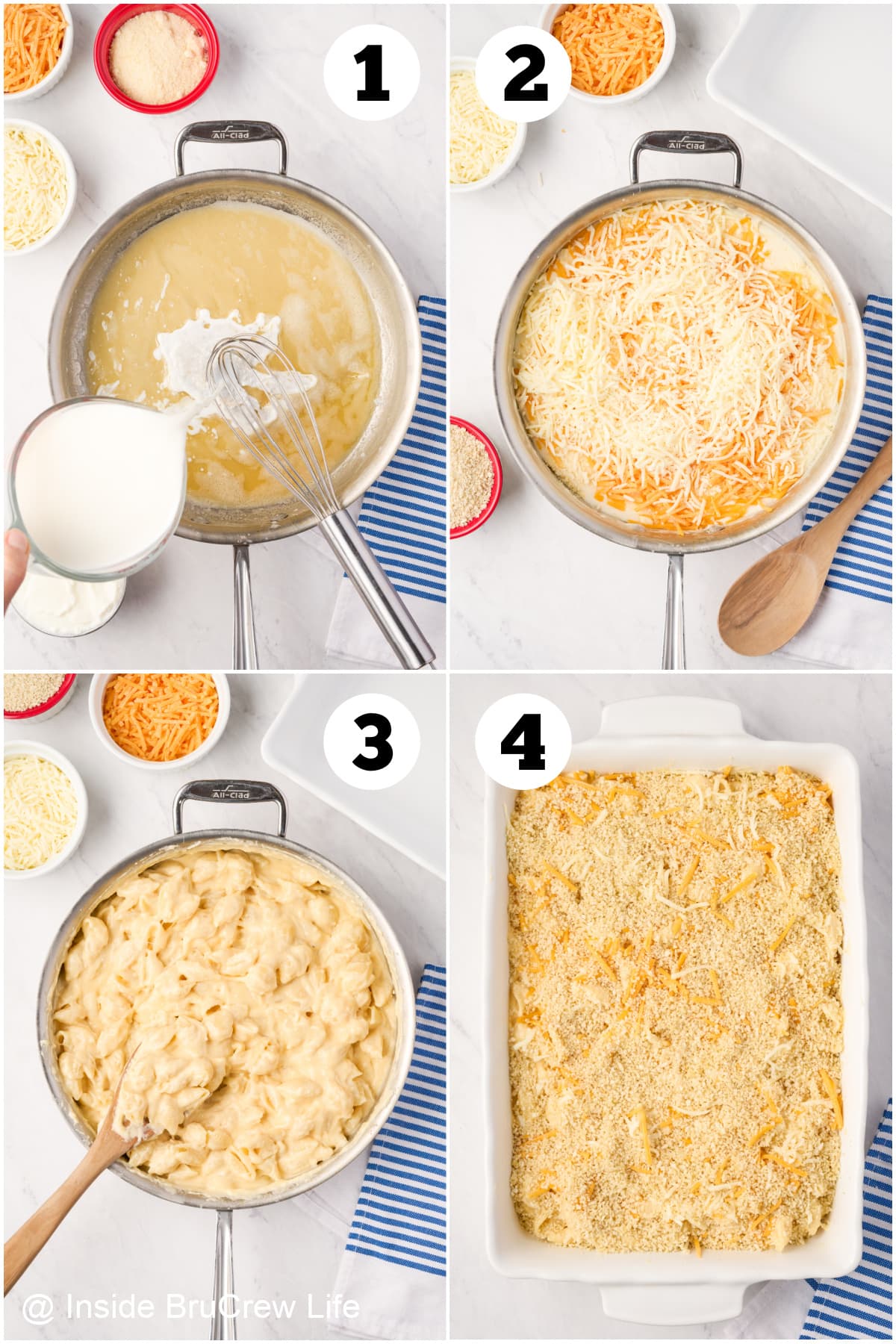 Four pictures collaged together showing how to make a cheesy pasta.