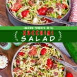 Two pictures of zucchini salad collaged with a green text box.