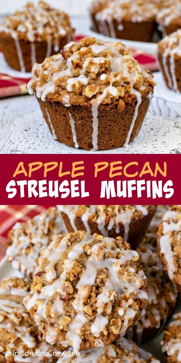 Apple Pecan Streusel Muffins - a sweet glaze and crunchy streusel topping makes these soft apple muffins an amazing breakfast treat. Perfect recipe to make this fall! #apple #muffins #fall #breakfast #pecan #afterschoolsnacks