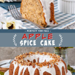 Two pictures of apple cake collaged with a blue text box.