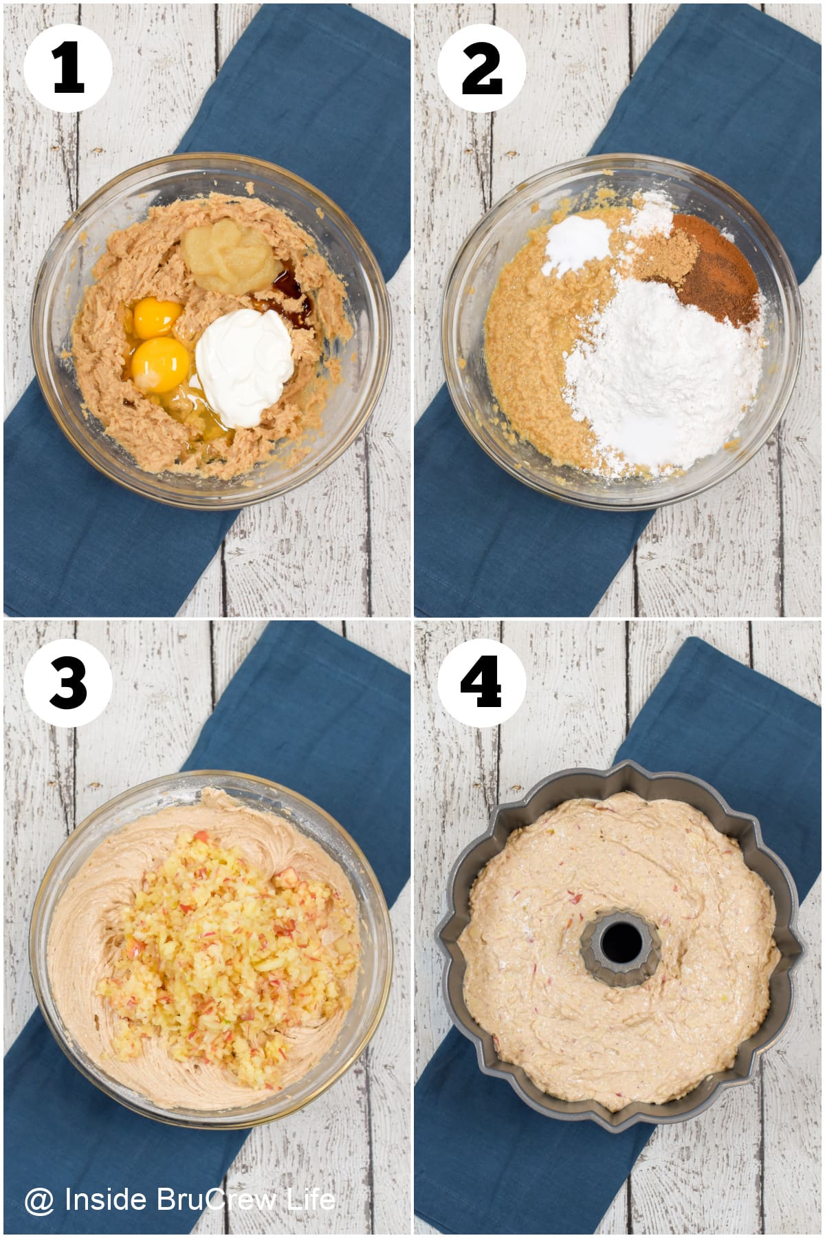 Four pictures collaged together showing how to make an apple bundt cake.