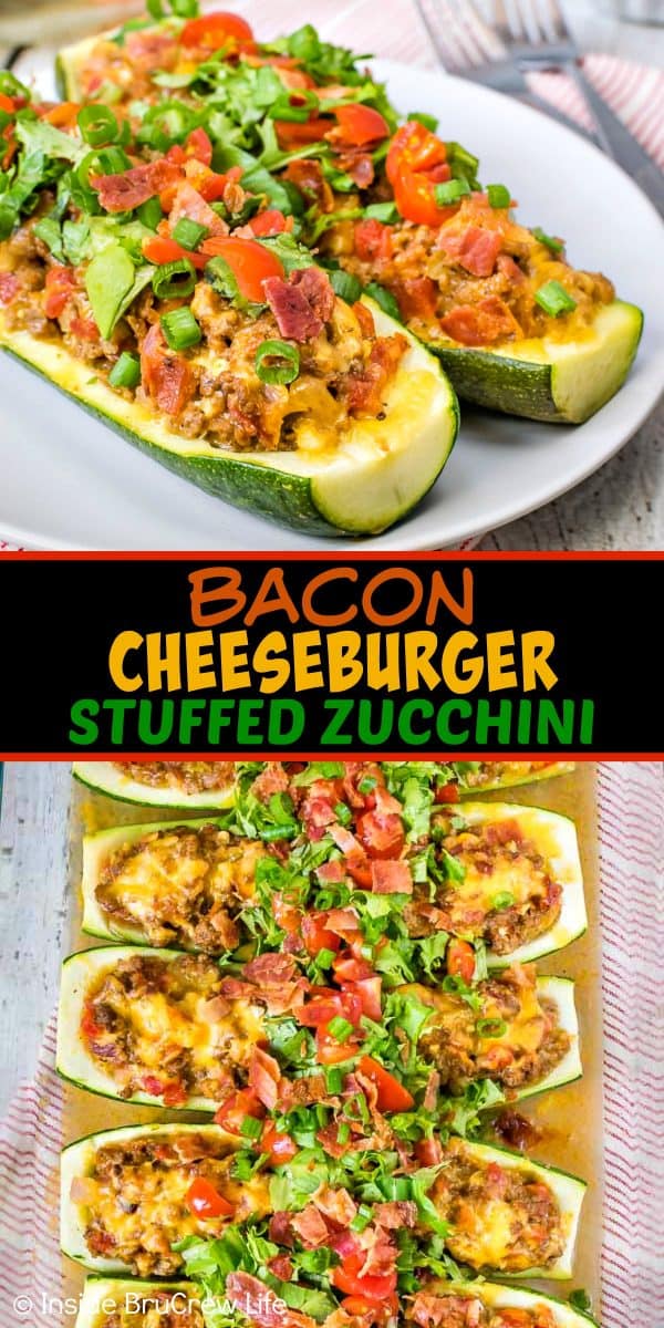 Two pictures of bacon cheeseburger stuffed zucchini collaged together with a black text box.