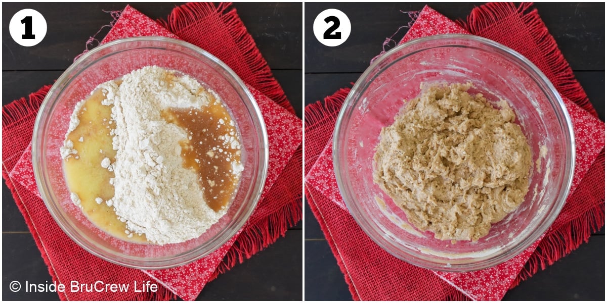 Two pictures showing how to make a crust from a cake mix.