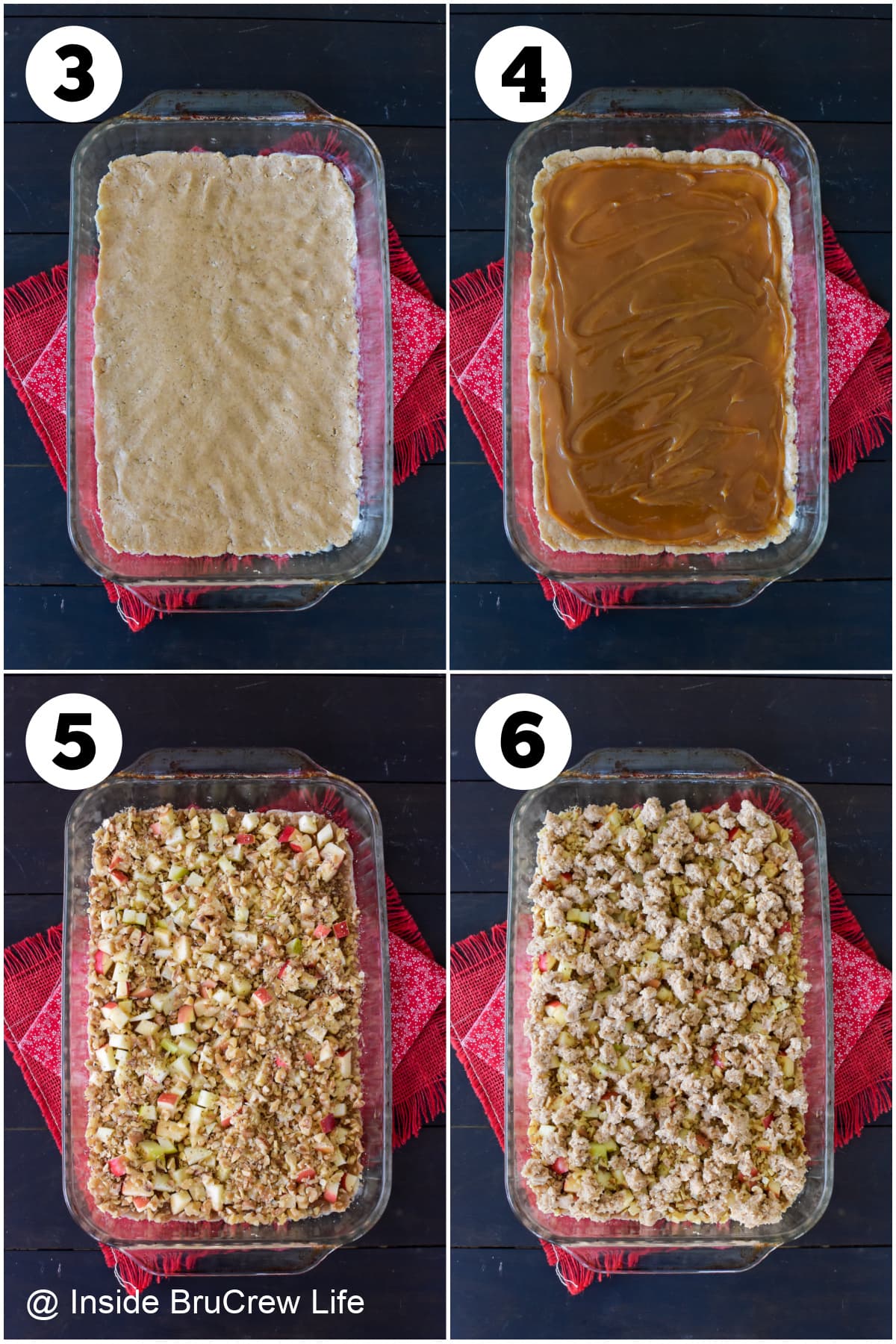 Four pictures collaged together showing how to layer everything for apple bars.