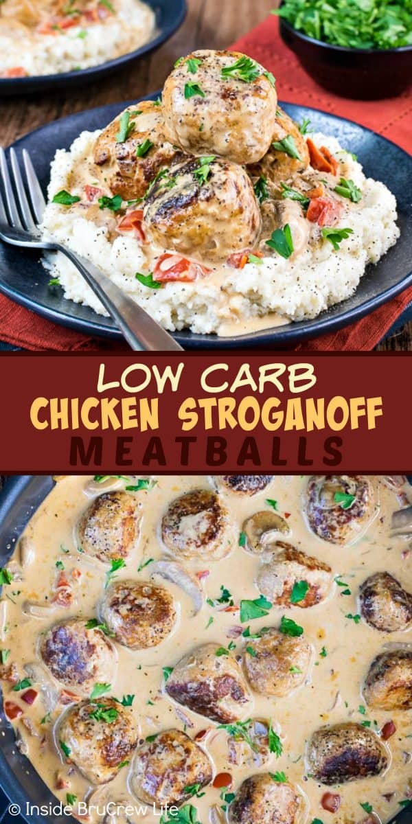 Low Carb Chicken Stroganoff Meatballs - serve these easy chicken meatballs and mushroom gravy over mashed cauliflower for a healthy dinner option. This delicious recipe is great for keto, low carb, or lean and green meal plans! #lowcarb #keto #leanandgreen #chicken #meatballs #stroganoff #healthy #dinner #skilletdinner #onepanmeal