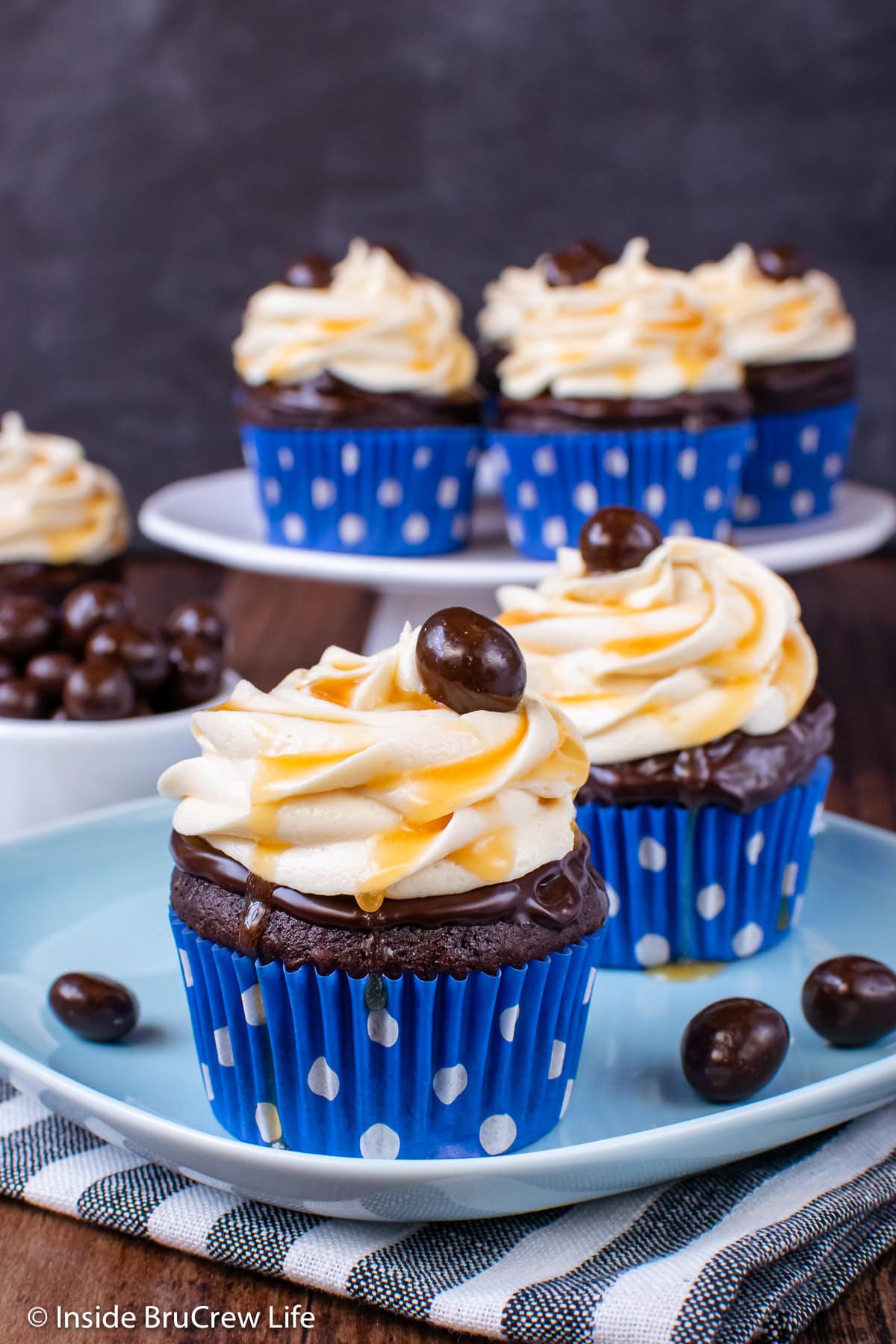 Chocolate cupcakes in blue wrappers on a blue plates.