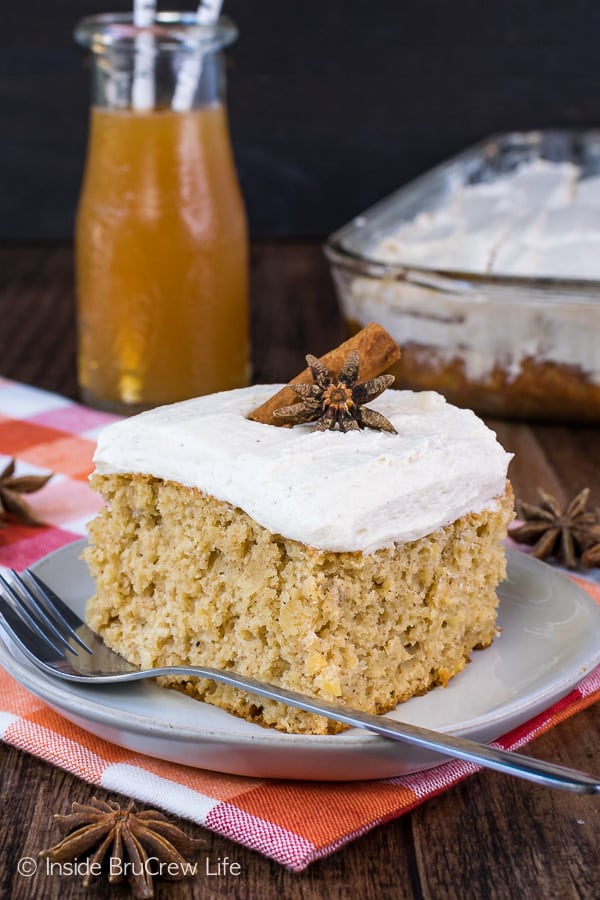 Apple Cider Cake - adding apple cider, apples, and spices to a cake mix makes a delicious cake that tastes like fall. Make this easy recipe for fall parties and events! #cake #apple #applecider #frosting #spicecake #cakemix #fall #recipes #doctoredcakemix