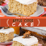 Two pictures of apple cider cake collaged together with an orange text box.
