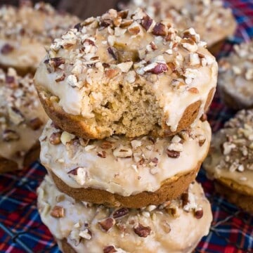 Apple Praline Donuts - soft homemade donuts loaded with apple chunks and a sweet praline glaze makes a delicious fall breakfast. Enjoy this easy recipe on a cool fall day! #donuts #apple #pecans #praline #homemade #bakeddonuts #fall #recipes #breakfast #brunch #afterschoolsnack