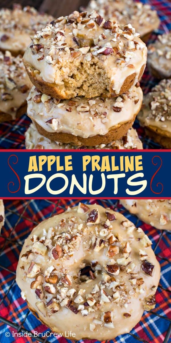 Apple Praline Donuts - these easy baked donuts are loaded with apples and pecans. The sweet praline glaze on top adds just the right touch! Try this recipe for breakfast this fall! They are delicious with apple cider or coffee! #donuts #apple #pecans #praline #homemade #bakeddonuts #fall #recipes #breakfast #brunch #afterschoolsnack