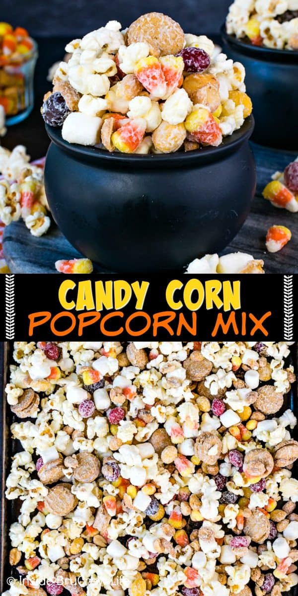 Two pictures of candy corn popcorn collaged together with a black text box.