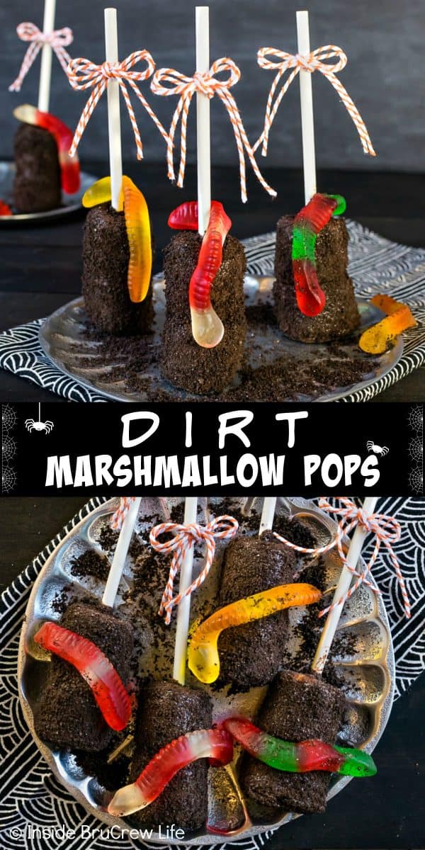 Dirt Marshmallow Pops - gummy worms and Oreo cookie crumbs transform chocolate covered marshmallow pops into a fun dirt dessert. Easy no bake recipe for Halloween or school parties! #halloween #dirtdessert #marshmallowpops #chocolatecoveredmarshmallows #gummyworms #halloween #nobakedessert #chocolate #marshmallows