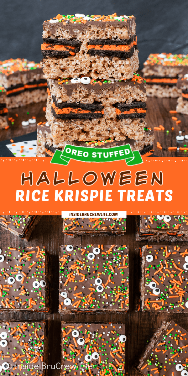 Two pictures of Halloween rice krispie treats collaged together with an orange text box.