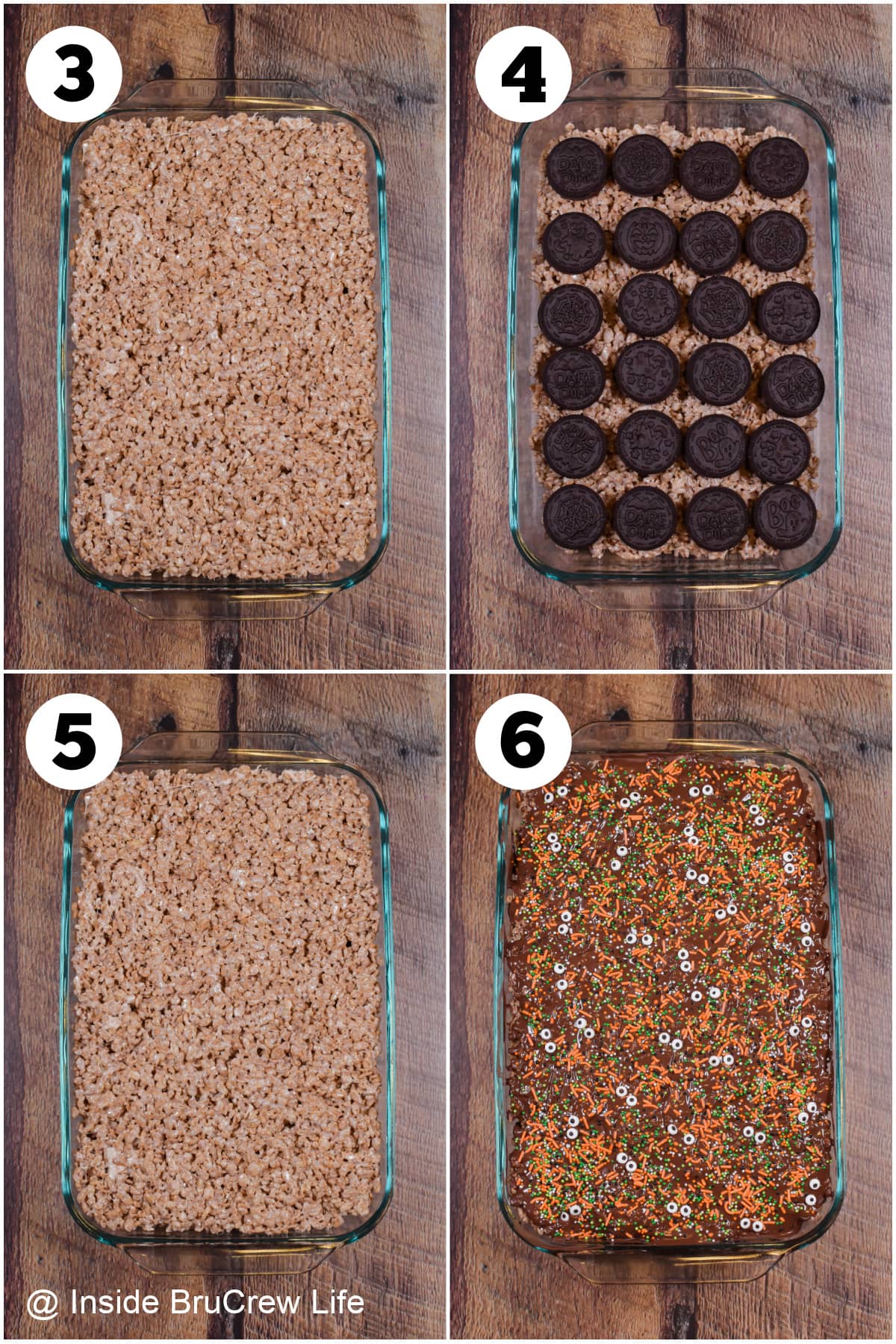 Four pictures collaged together showing how to layer rice krispie treats with Oreos.