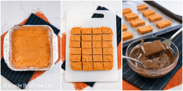 Three pictures collaged together showing the steps to cutting and dipping homemade Butterfingers in chocolate.