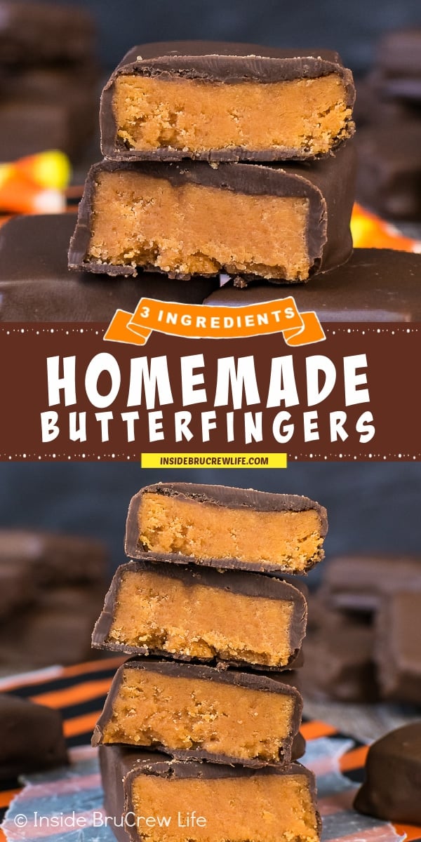 Two pictures of Homemade Butterfingers collaged together with a brown text box.