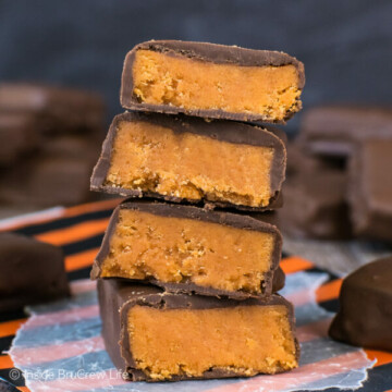 Four homemade butterfingers stacked on top of each other.