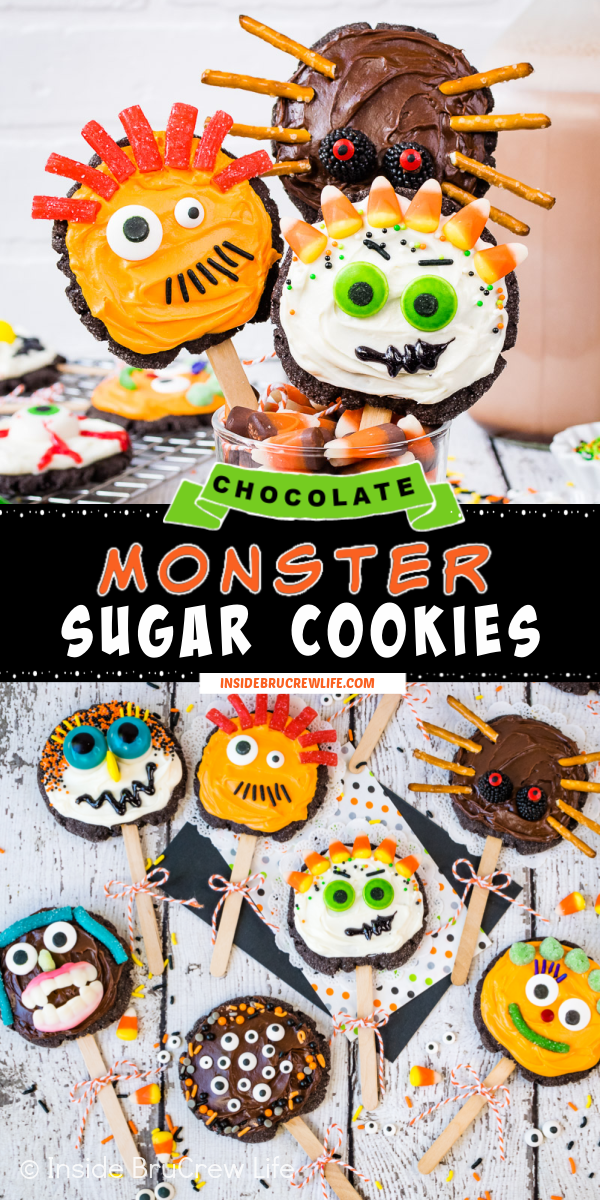 Two pictures of Monster Sugar Cookies collaged together with a black text box.