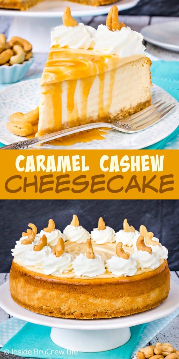 Caramel Cashew Cheesecake - the cashew crust, caramel cheesecake, and caramel cream makes this homemade dessert taste and look amazing! Try this recipe for parties and events! #cheesecake #caramel #homemadewhippedcream #recipe #cashews