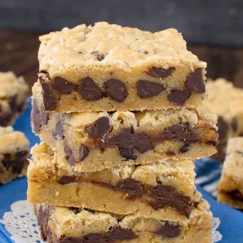 A stack of four congo bars on a blue towel.