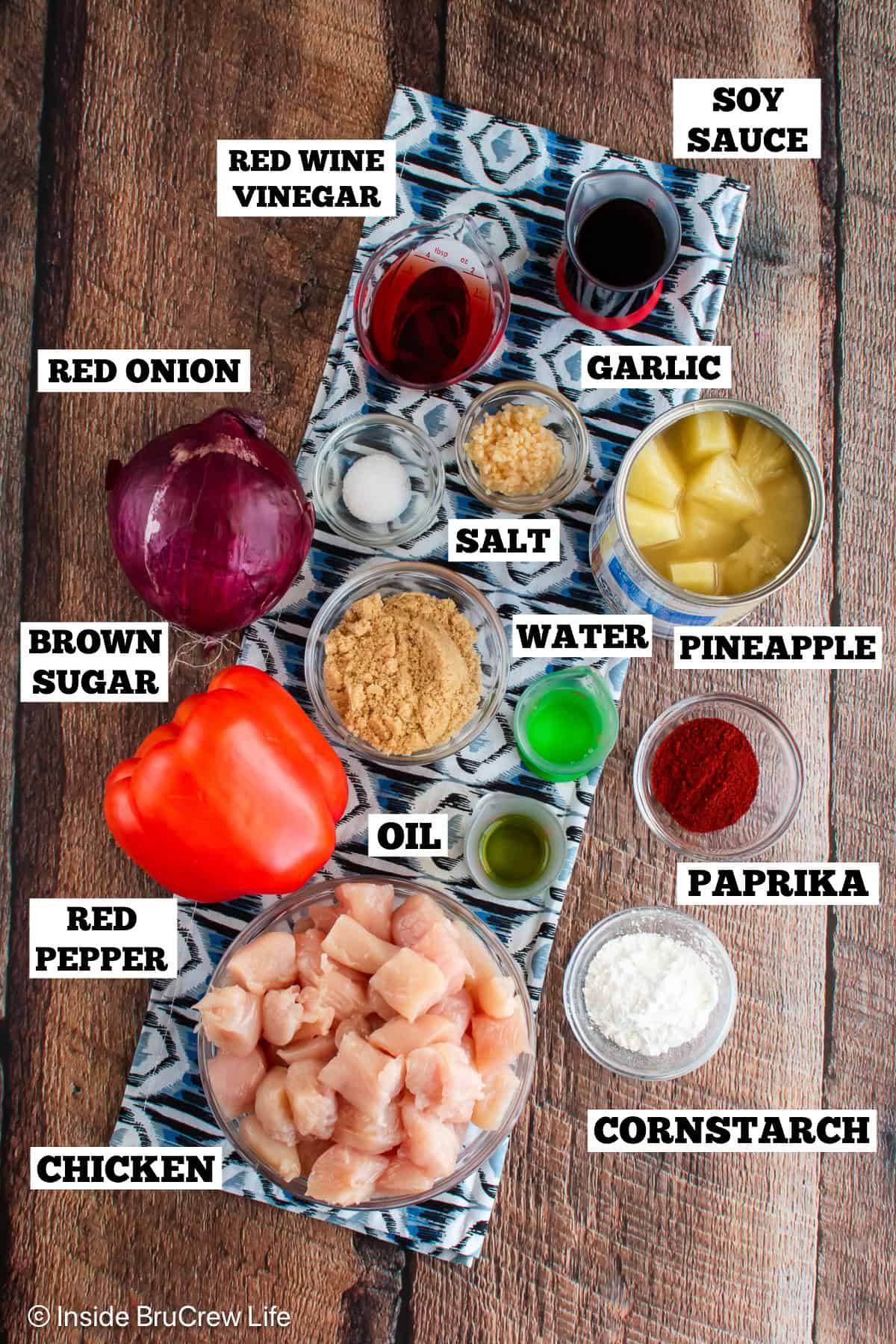 Sweet and sour chicken ingredients with text labels.