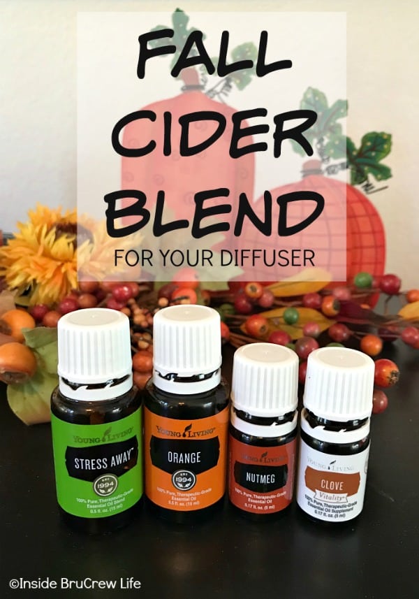 Fall Cider Blend for your Diffuser - mixing Stress Away, Orange, Nutmeg, and Clove makes the most delicious smelling cider smell for your home.  #essentialoils #fallblend #youngliving #fallcider