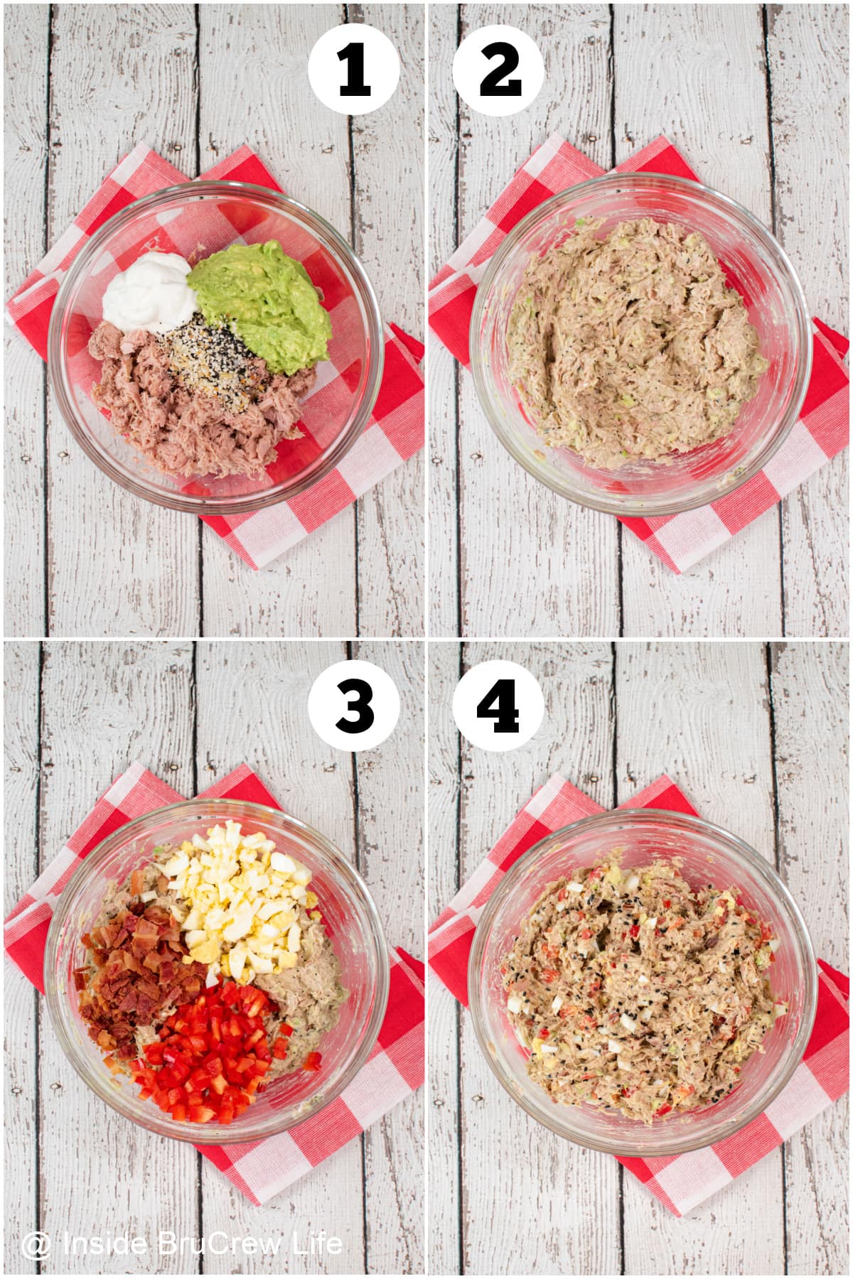 Four pictures collaged together showing how to make tuna salad with avocados.