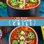 Two pictures of low carb chili collaged with a blue text box.