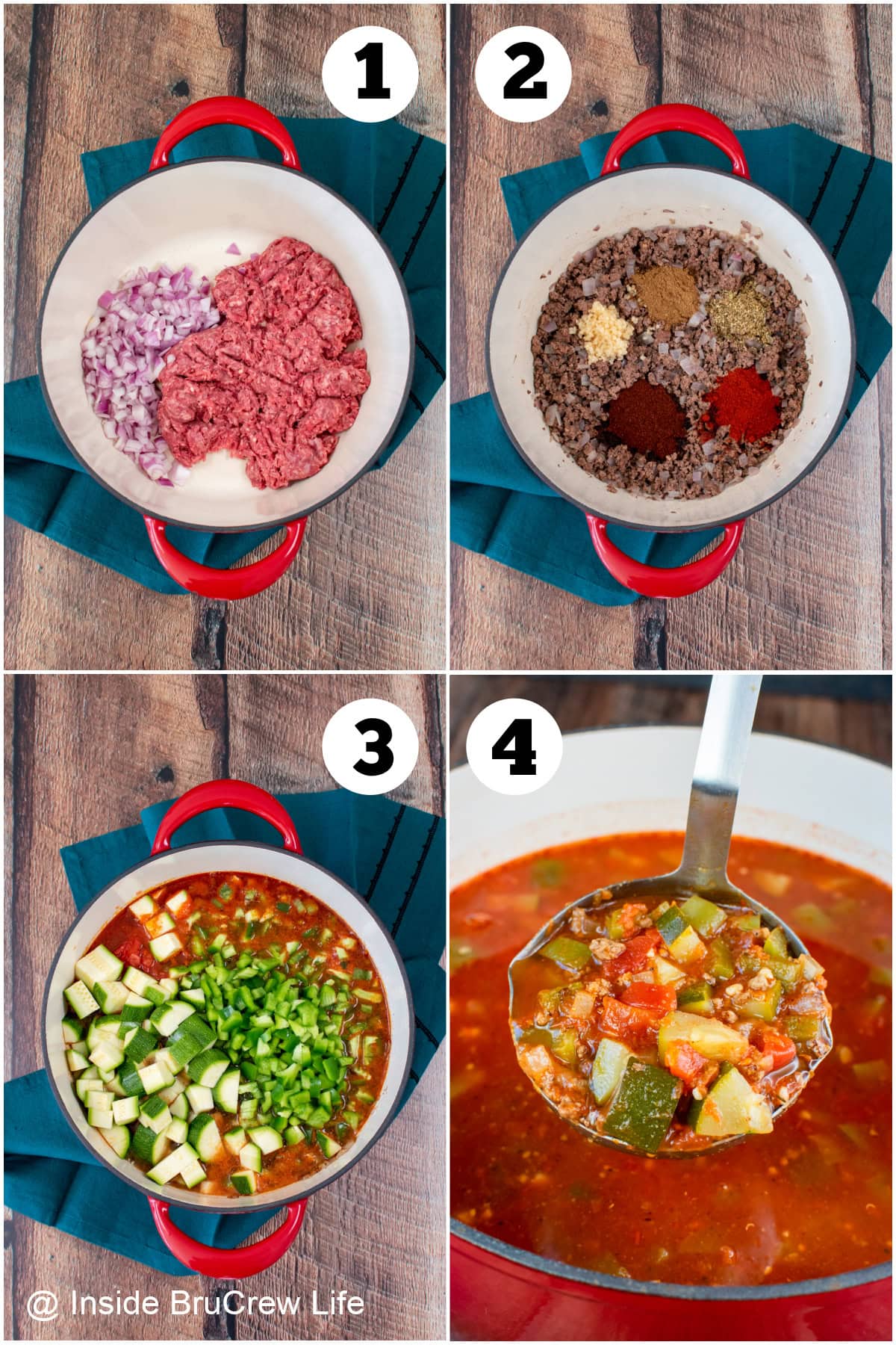 Four pictures collaged together showing how to make a beanless chili.