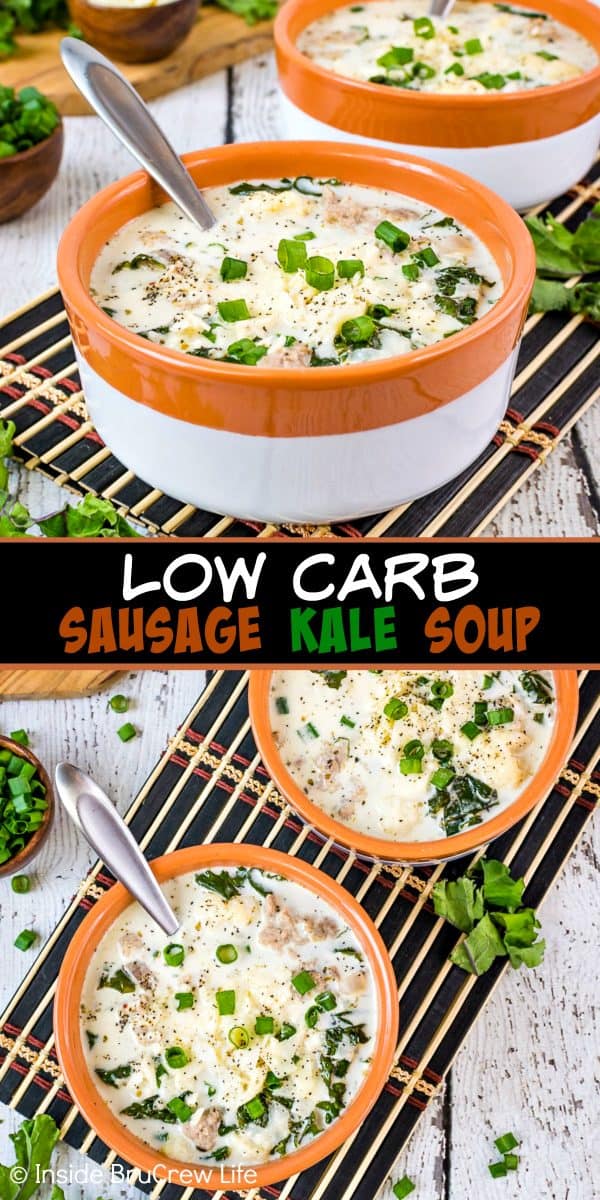 Low Carb Sausage Kale Soup - enjoy a big bowl of this creamy broth loaded with sausage, cauliflower, and kale on cold nights. Great recipe to try if you are eating low carb, keto, or just want to eat healthy! #lowcarb #healthy #ketofriendly #cauliflower #sausage #soup #ad #recipe