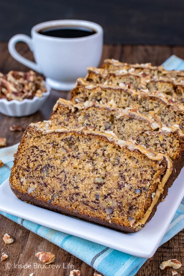 Maple Pecan Banana Bread - add a sweet twist to your classic banana bread by adding pecans and a maple glaze. This easy recipe will disappear in a hurry! #bananabread #maple #pecan #sweetbread #breakfast #banana #easy #recipe