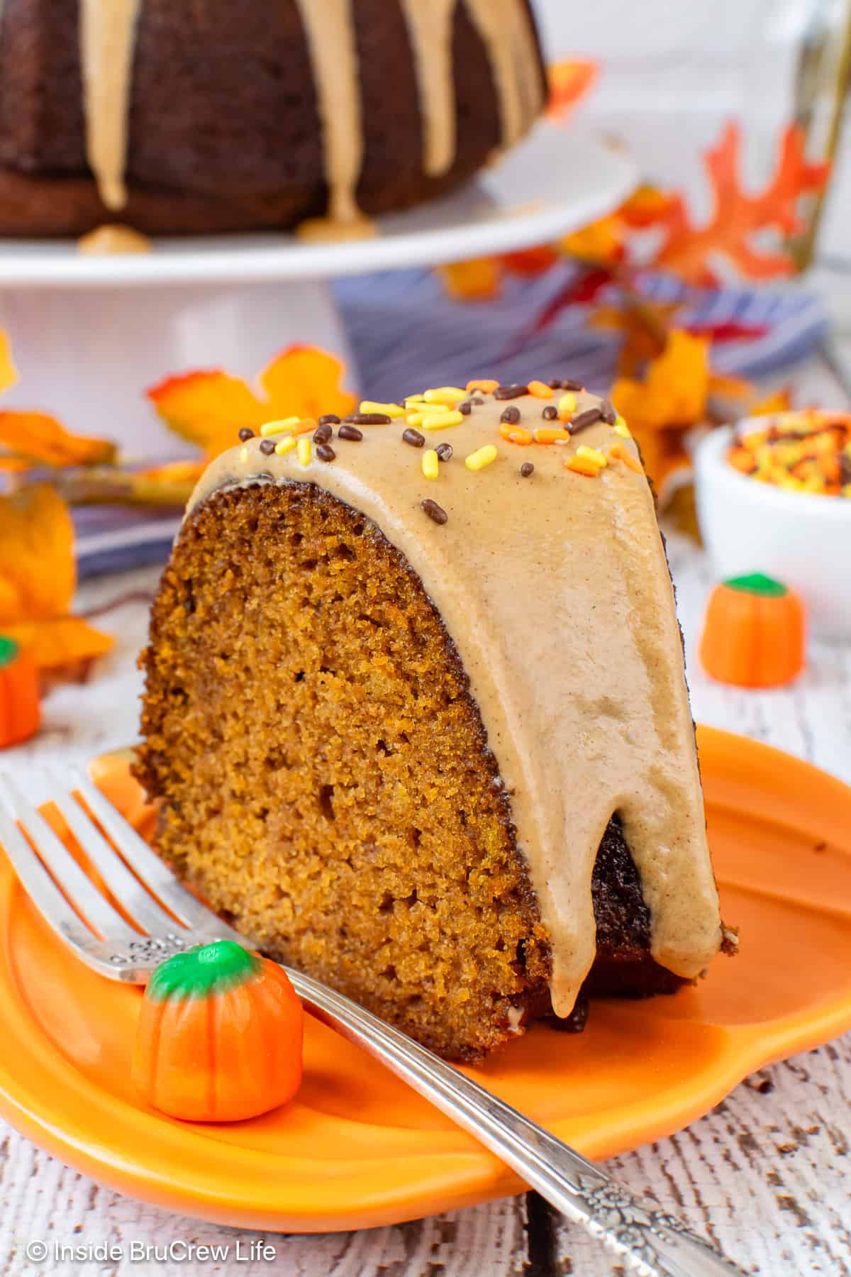 A close up image of a slice of pumpkin bundt cake.