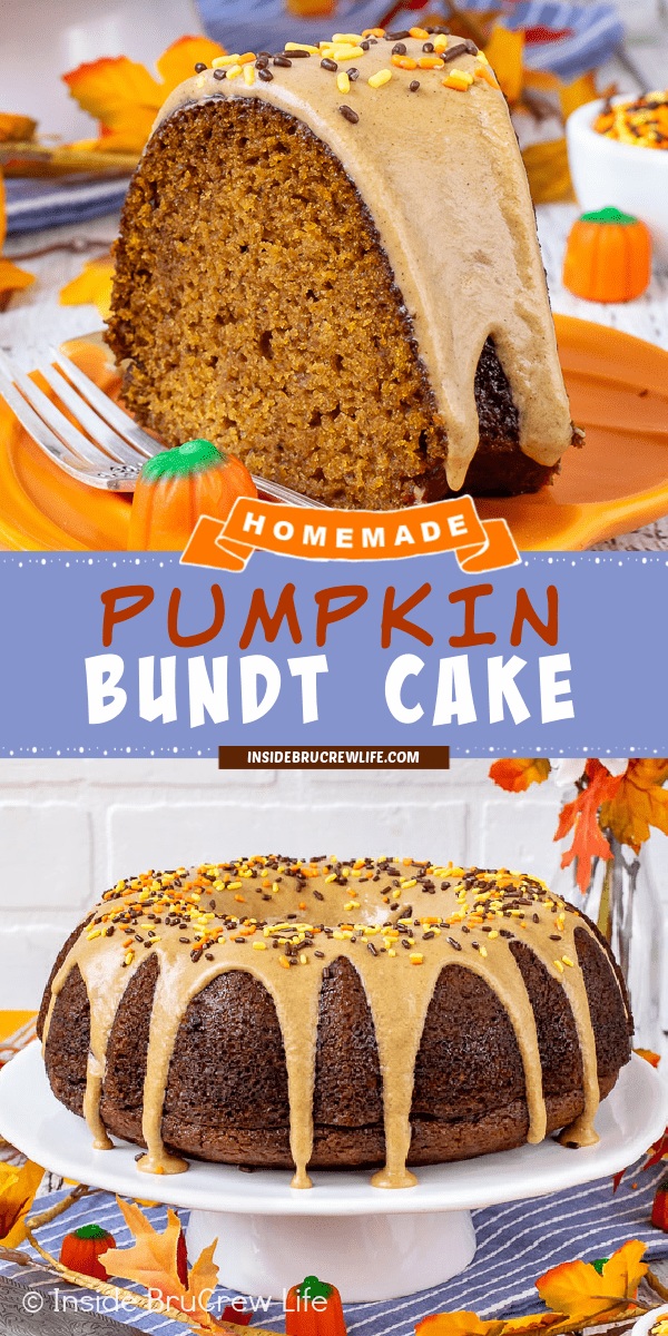 Two pictures of pumpkin bundt cake collaged together with a blue text box.