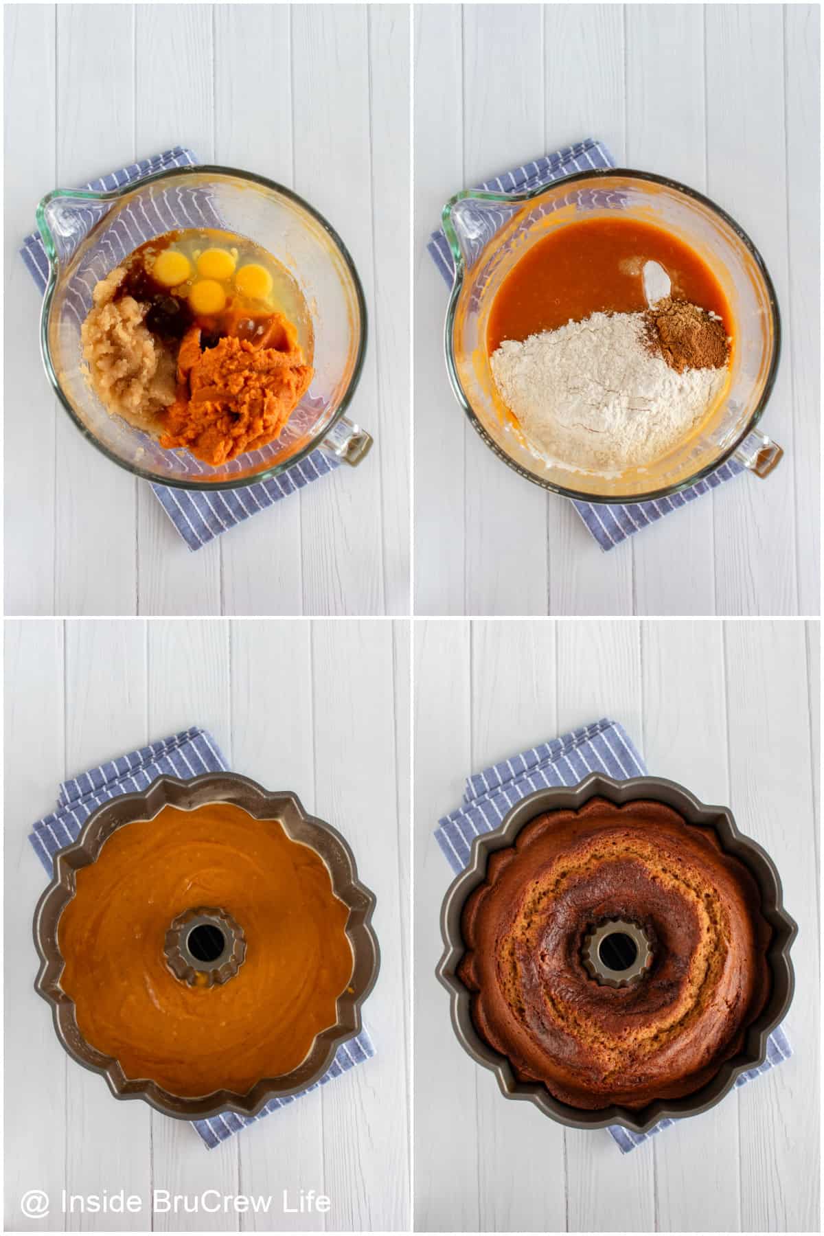 Step-by-step collage of how to make a pumpkin bundt cake.