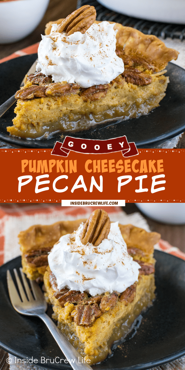 Two pictures of pumpkin cheesecake pecan pie collaged together with a dark orange text box.