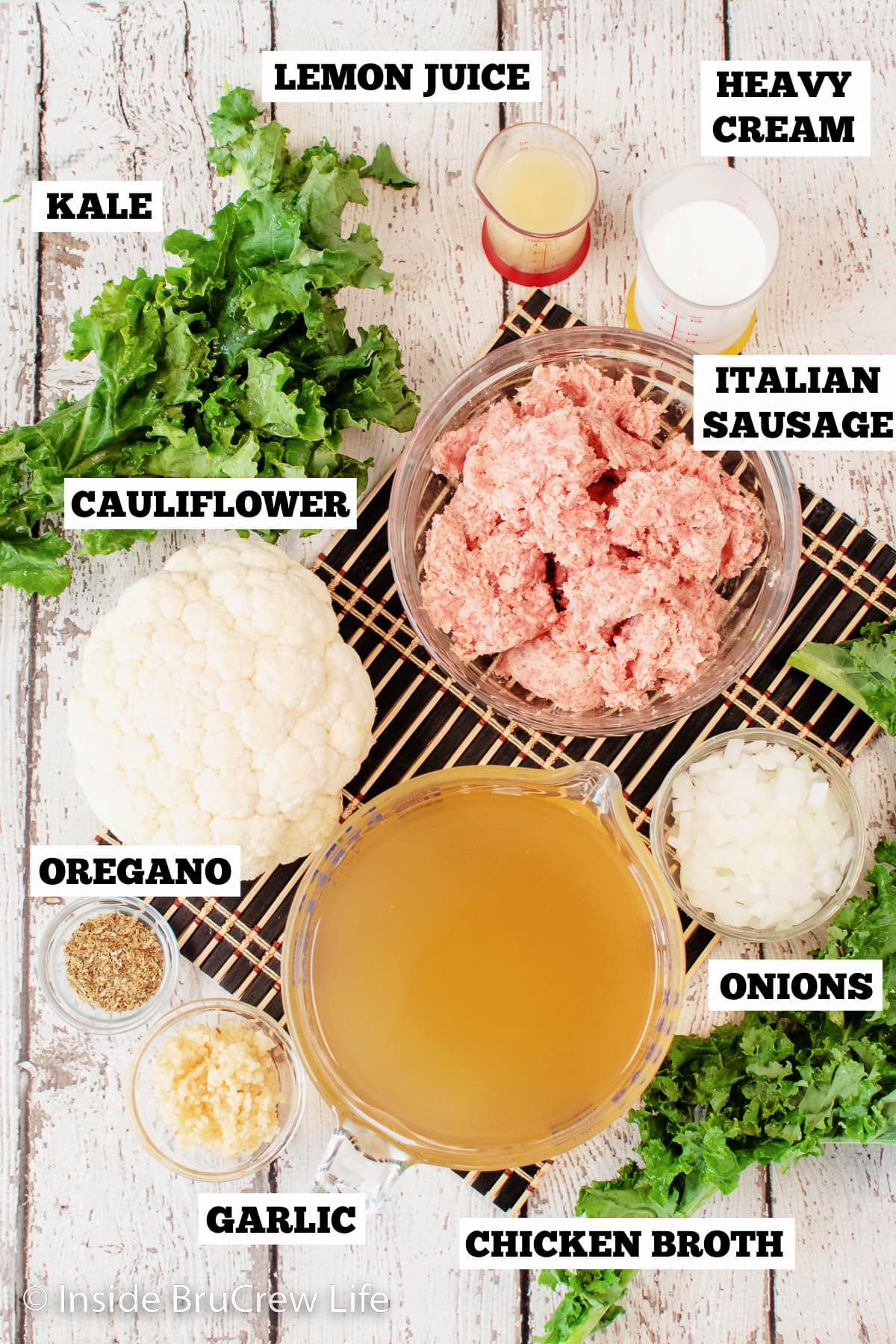 Bowls of ingredients needed to make a low carb soup.