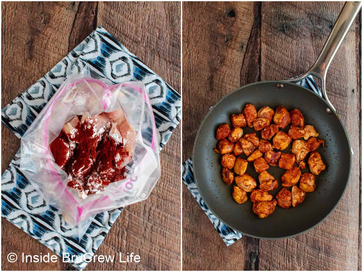 Step by step photos of chicken in a bag with cornstarch and cooked in a pan.