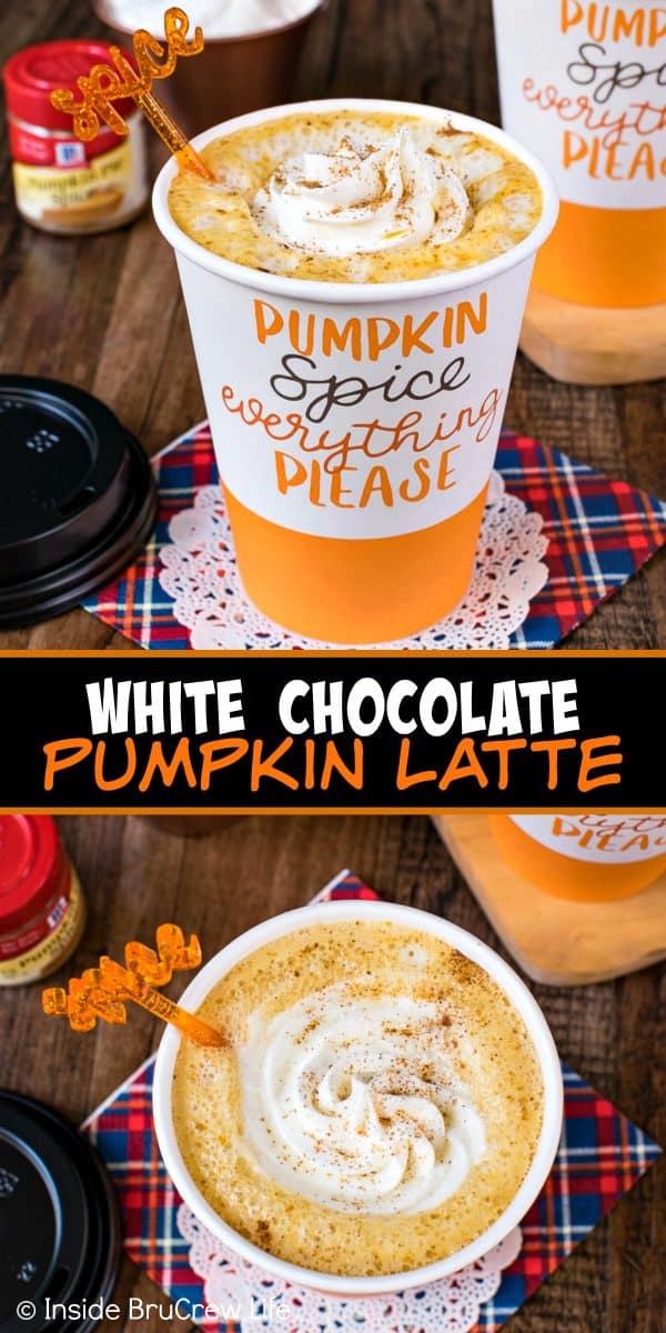 White Chocolate Pumpkin Latte - white chocolate and pumpkin add a sweet fall flair to this easy homemade latte! Try this recipe on a cold fall day to warm up! #fall #pumpkin #latte #coffee #whitehotchocolate 